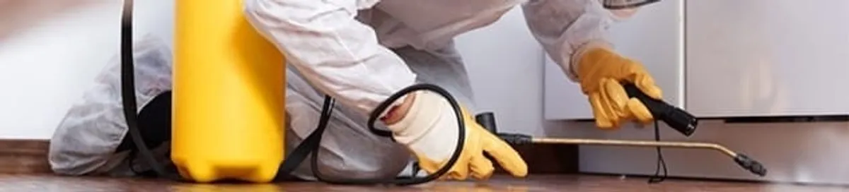 Roach exterminator treating cracks and crevices along kitchen baseboards in Bakersfield, CA